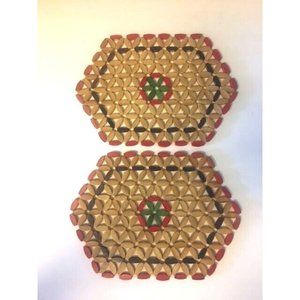 Wood Beads Trivet Hot Plate Bamboo Floral Geometric  10.25"  Set of 2